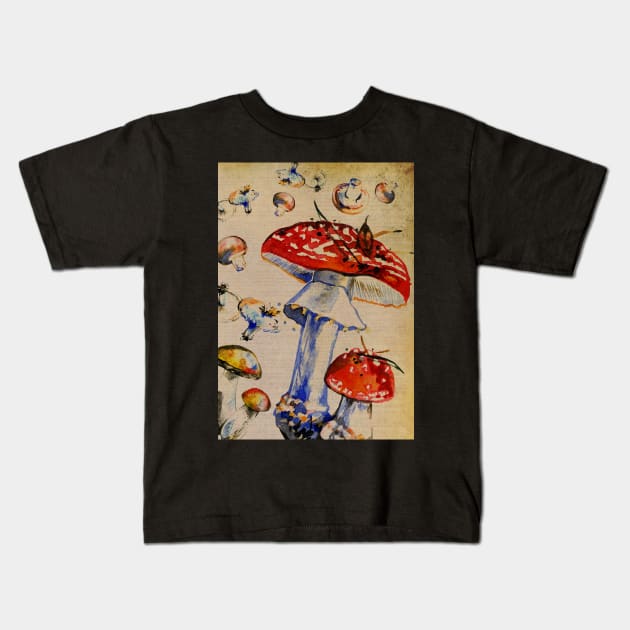 Fly agaric amanita muscara mushroom vintage dictionary print design Kids T-Shirt by madhatdesigns